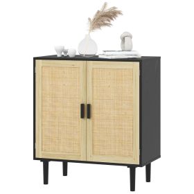 HOMCOM Bohemian Sideboard, 31.5" Buffet Cabinet with 2 Rattan Doors and Shelves for Living Room, Hallway, Black