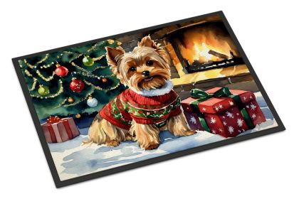 Yorkshire Terrier Cozy Christmas Doormat Front Door Mat Indoor Outdoor Rugs for Entryway, Non Slip Washable Low Pile, 24H X 36W