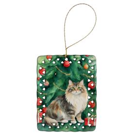 Cymric Cat By the Christmas Tree Porcelain Ornament Christmas Tree Hanging Decorations for Home Christmas Holiday, Rectangle, Gift, Multicolor